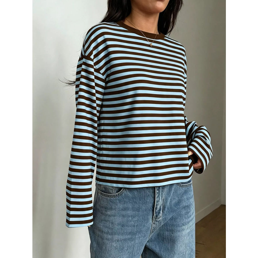 Full Size Casual Long-Sleeve Striped Crew Neck T-Shirt Plus Peacock Blue / S