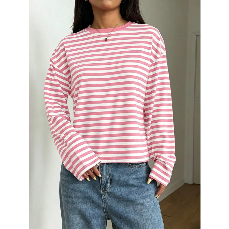 Full Size Casual Long-Sleeve Striped Crew Neck T-Shirt Plus Pink / S
