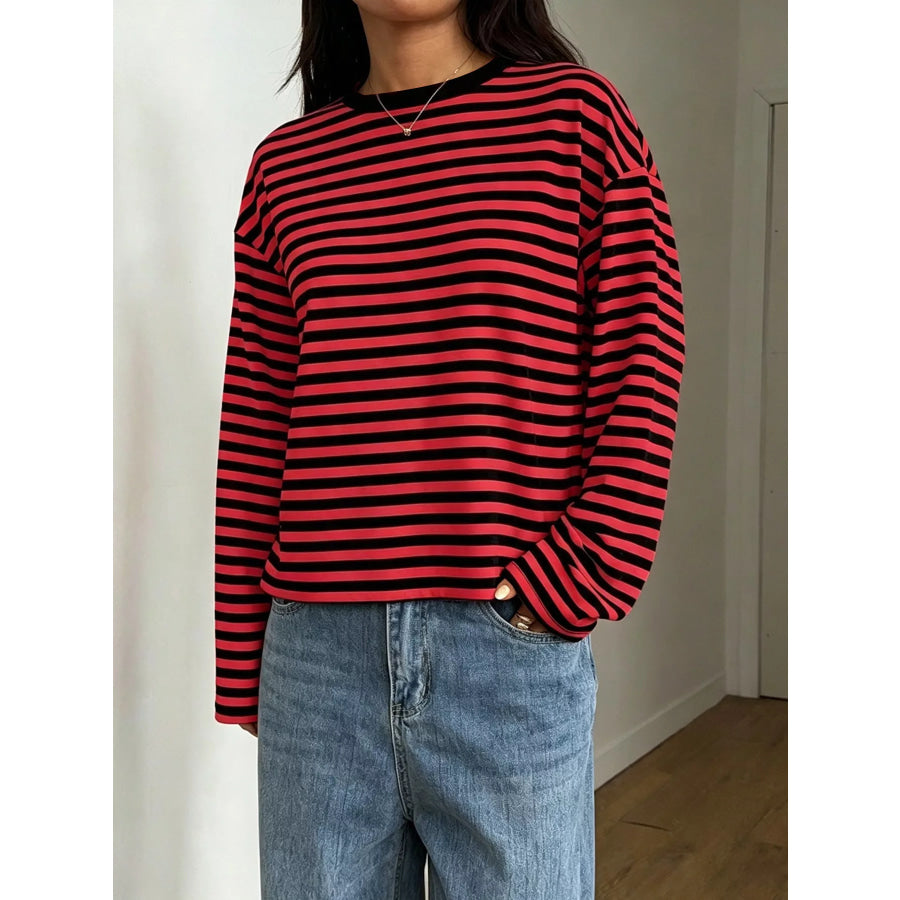 Full Size Casual Long-Sleeve Striped Crew Neck T-Shirt Plus Red / S