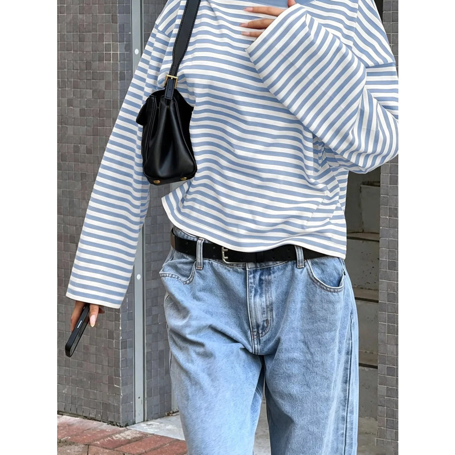 Full Size Casual Long-Sleeve Striped Crew Neck T-Shirt Plus Sky Blue / S