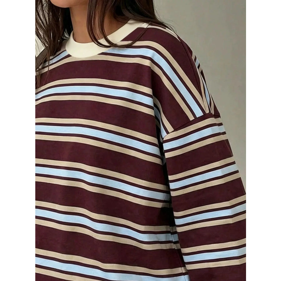 Full Size Casual Long-Sleeve Striped Crew Neck T-Shirt Plus