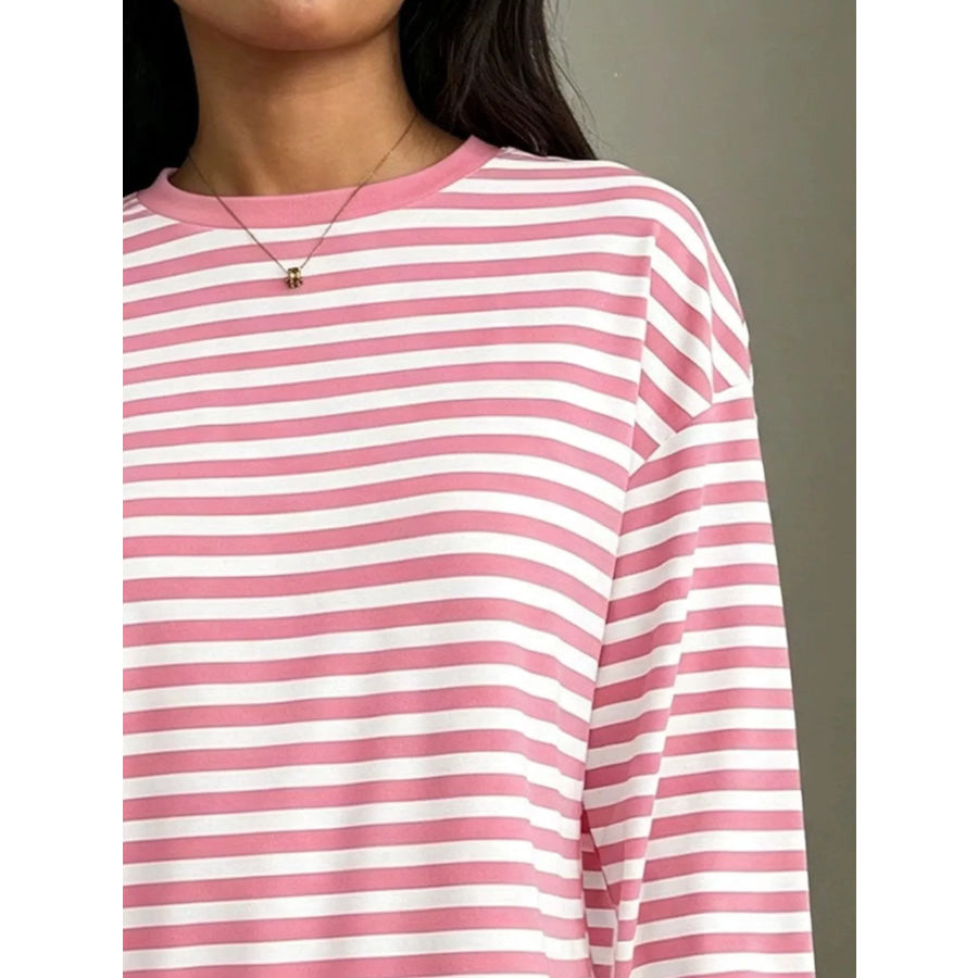 Full Size Casual Long-Sleeve Striped Crew Neck T-Shirt Plus