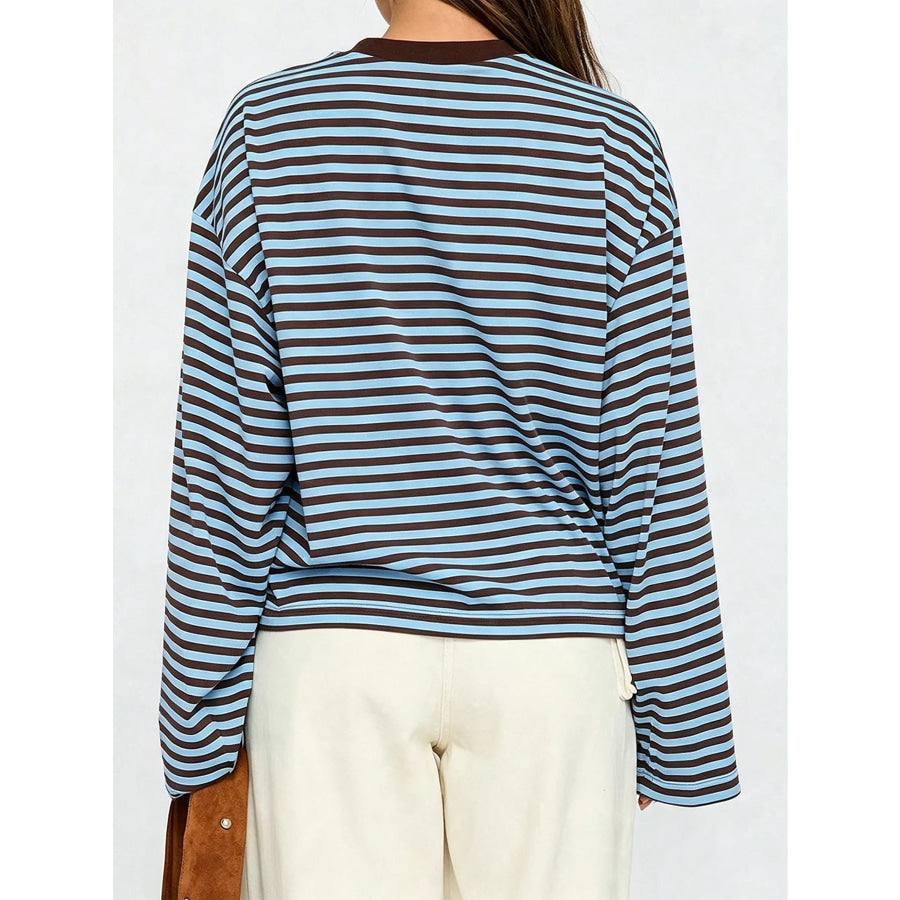 Full Size Casual Long-Sleeve Striped Crew Neck T-Shirt Plus