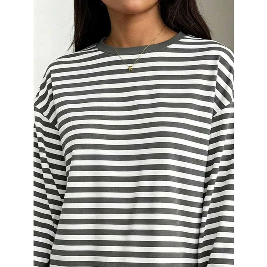 Full Size Casual Long-Sleeve Striped Crew Neck T-Shirt Plus