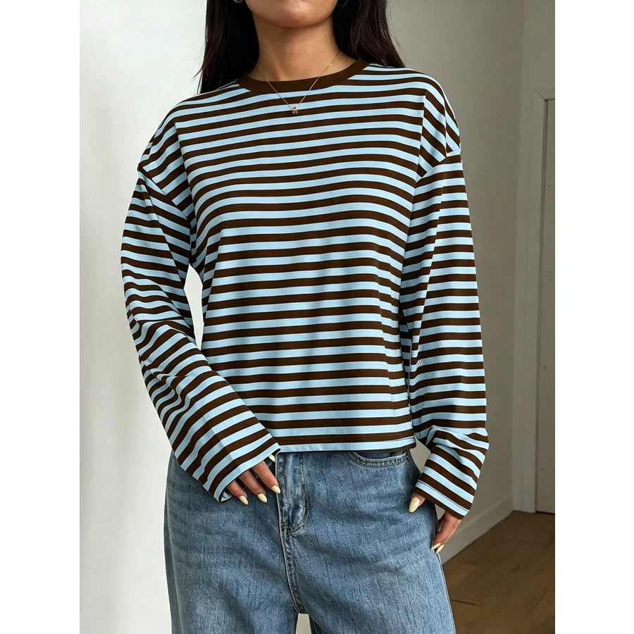 Full Size Casual Long-Sleeve Striped Crew Neck T-Shirt Plus