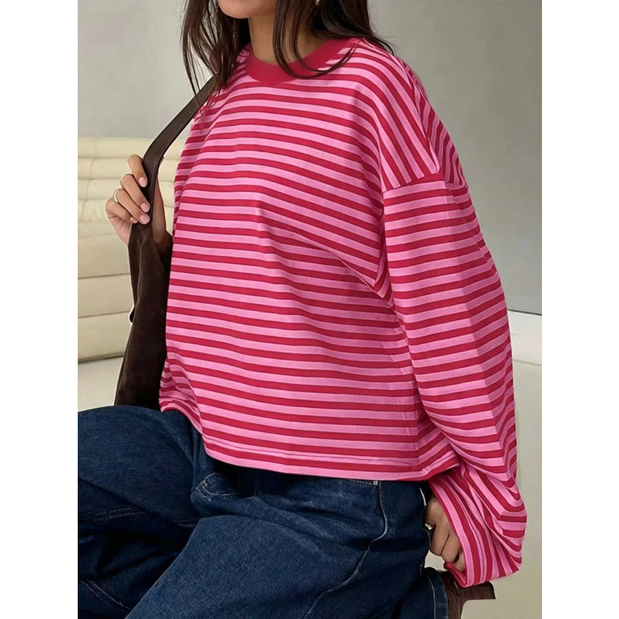 Full Size Casual Long-Sleeve Striped Crew Neck T-Shirt Plus