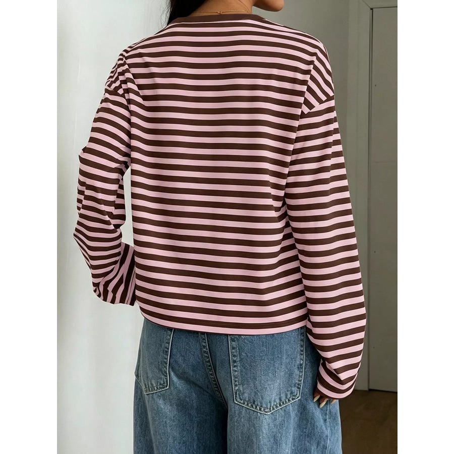 Full Size Casual Long-Sleeve Striped Crew Neck T-Shirt Plus