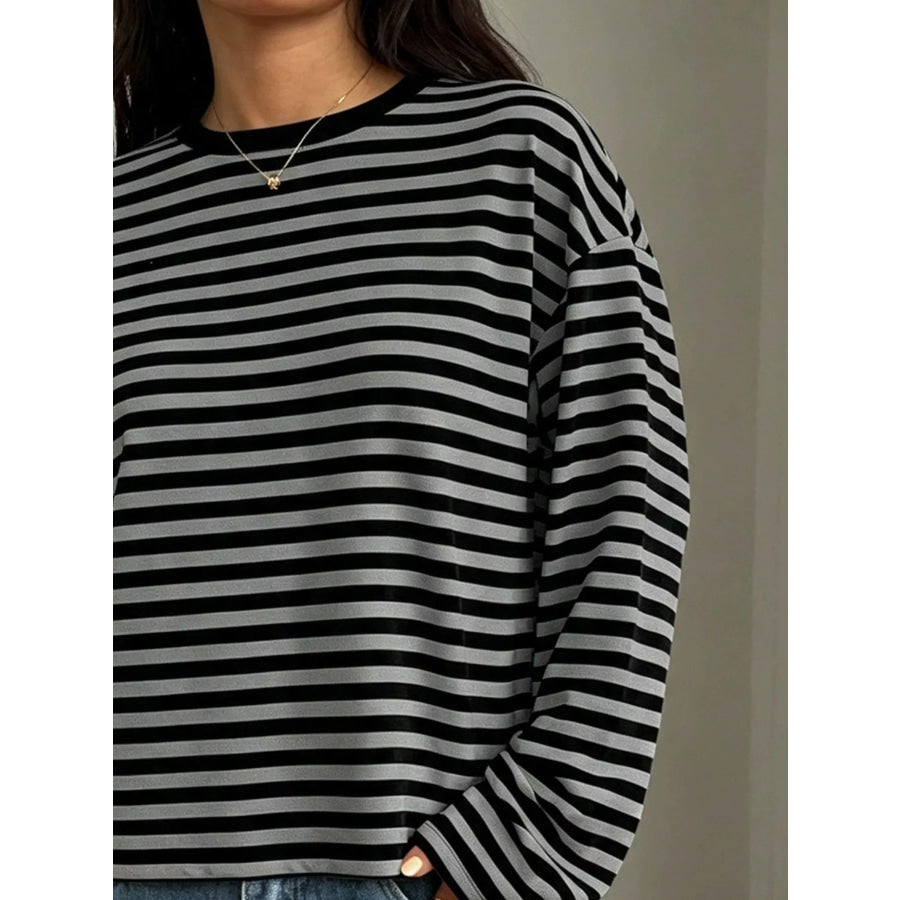 Full Size Casual Long-Sleeve Striped Crew Neck T-Shirt Plus