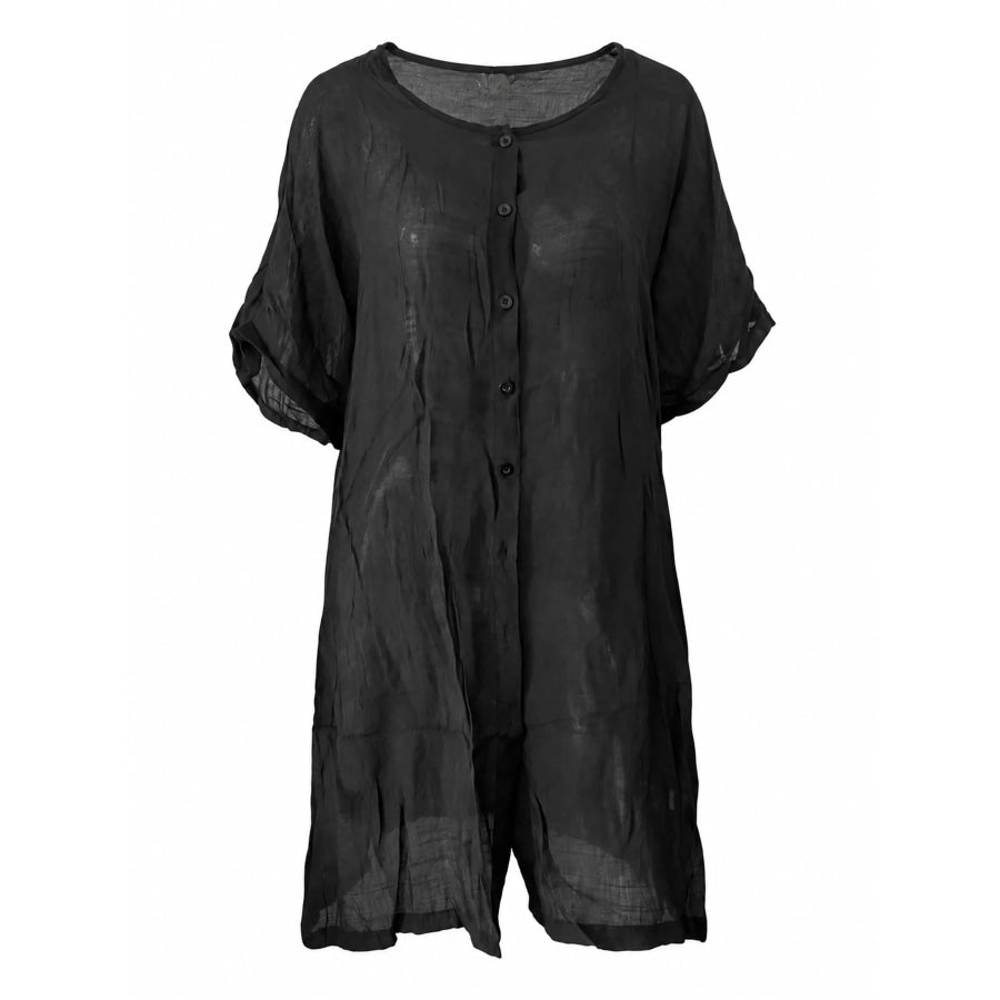 Full Size Casual Loose Fit Beach Short Sleeve Shirt Plus Black / S Apparel and Accessories