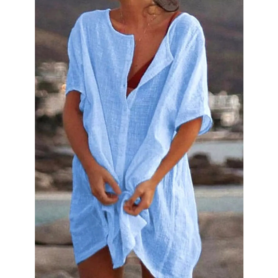Full Size Casual Loose Fit Beach Short Sleeve Shirt Plus Blue / S Apparel and Accessories
