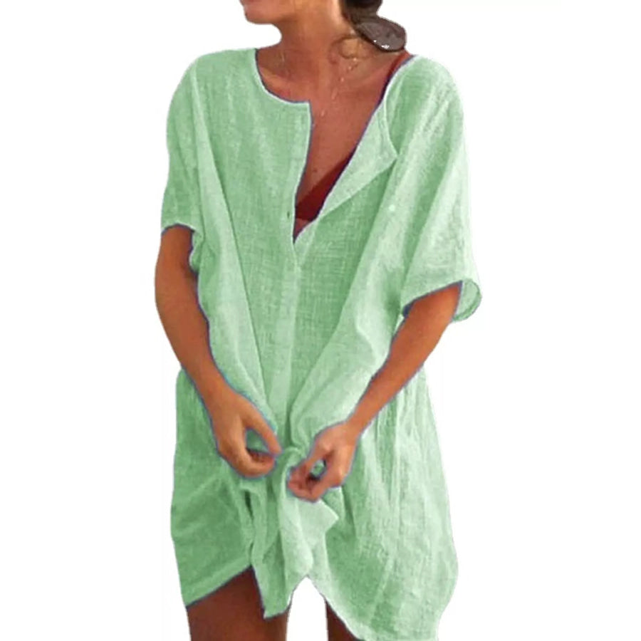 Full Size Casual Loose Fit Beach Short Sleeve Shirt Plus Light Green / S Apparel and Accessories