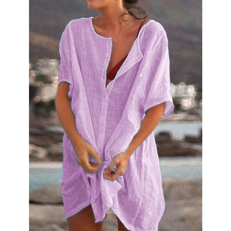 Full Size Casual Loose Fit Beach Short Sleeve Shirt Plus Light Purple / S Apparel and Accessories