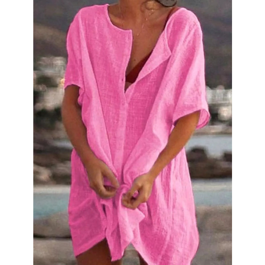 Full Size Casual Loose Fit Beach Short Sleeve Shirt Plus Pink / S Apparel and Accessories