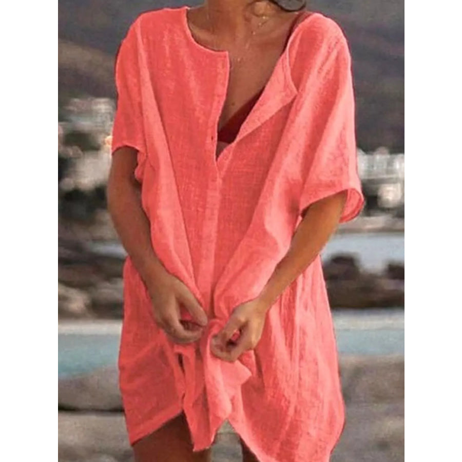 Full Size Casual Loose Fit Beach Short Sleeve Shirt Plus Watermelon Red / S Apparel and Accessories