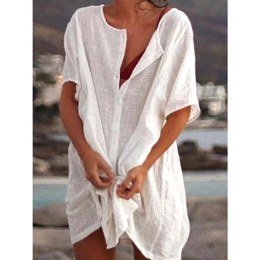 Full Size Casual Loose Fit Beach Short Sleeve Shirt Plus White / S Apparel and Accessories