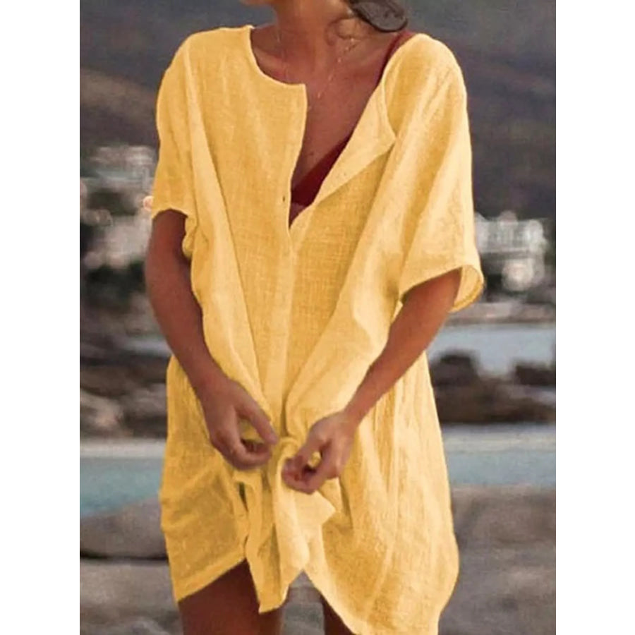 Full Size Casual Loose Fit Beach Short Sleeve Shirt Plus Yellow / S Apparel and Accessories