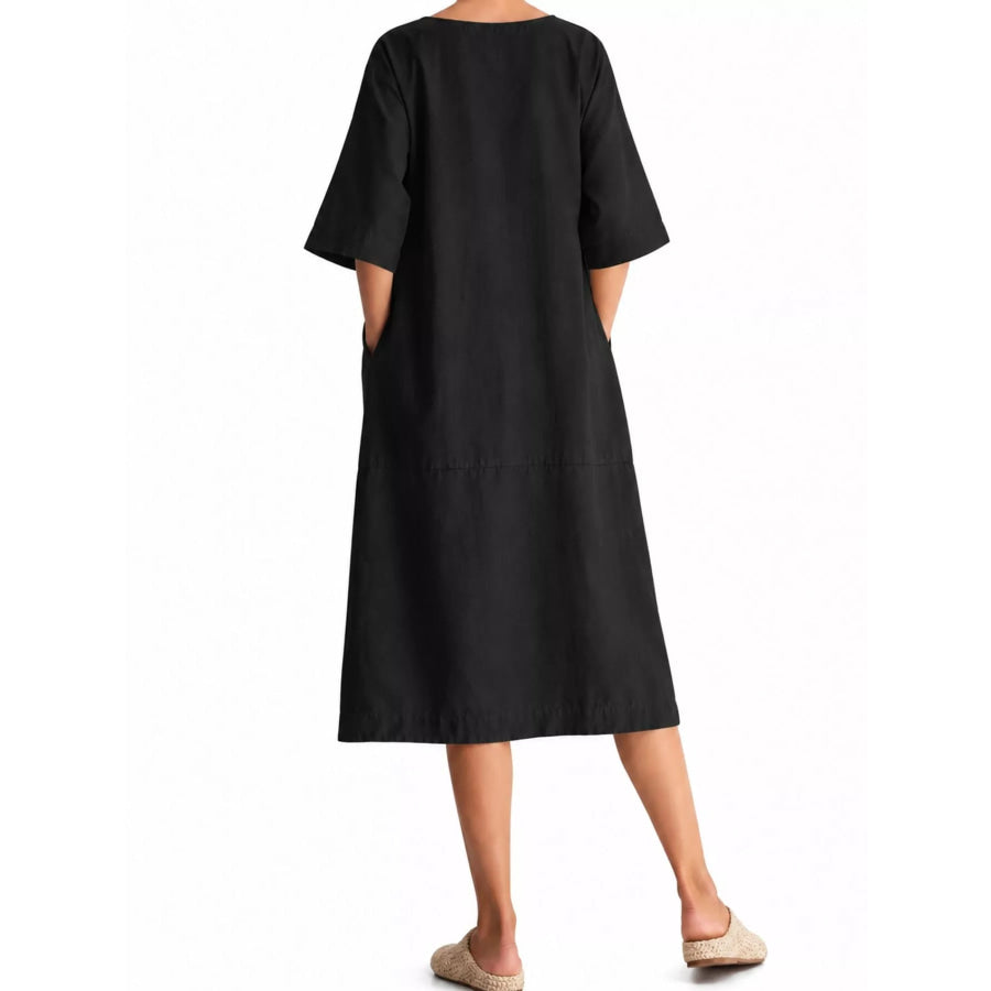 Full Size Casual Loose Fit Linen Blend Midi Dress with Pockets Plus Apparel and Accessories