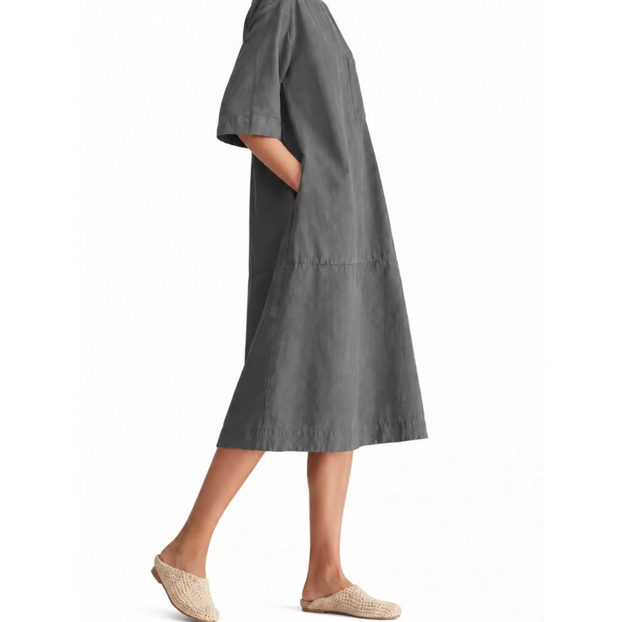 Full Size Casual Loose Fit Linen Blend Midi Dress with Pockets Plus Apparel and Accessories