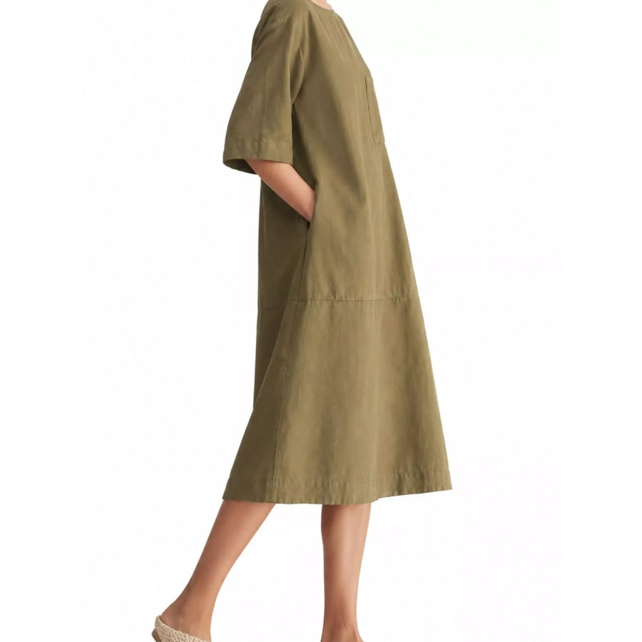 Full Size Casual Loose Fit Linen Blend Midi Dress with Pockets Plus Apparel and Accessories