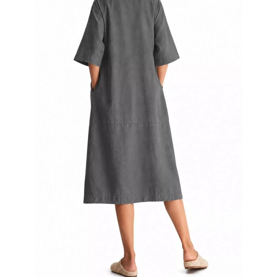 Full Size Casual Loose Fit Linen Blend Midi Dress with Pockets Plus Apparel and Accessories