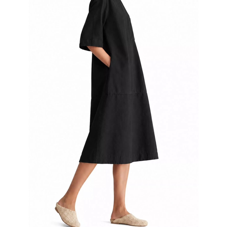 Full Size Casual Loose Fit Linen Blend Midi Dress with Pockets Plus Apparel and Accessories