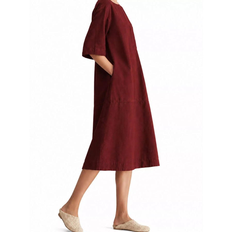 Full Size Casual Loose Fit Linen Blend Midi Dress with Pockets Plus Apparel and Accessories