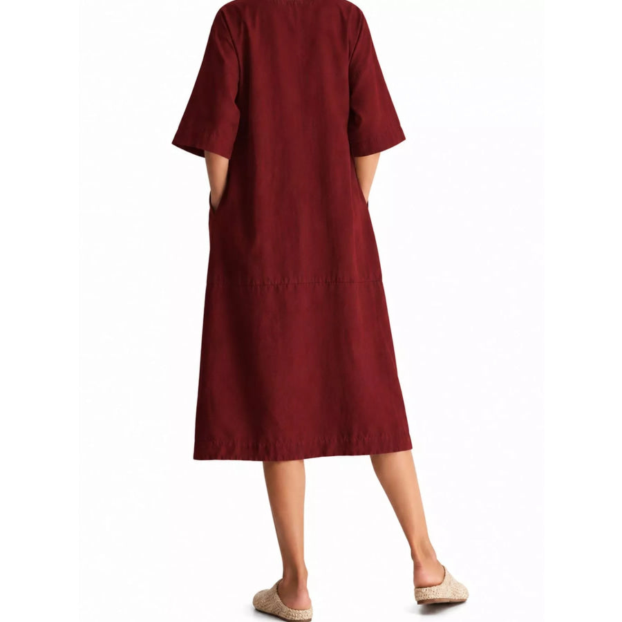 Full Size Casual Loose Fit Linen Blend Midi Dress with Pockets Plus Apparel and Accessories
