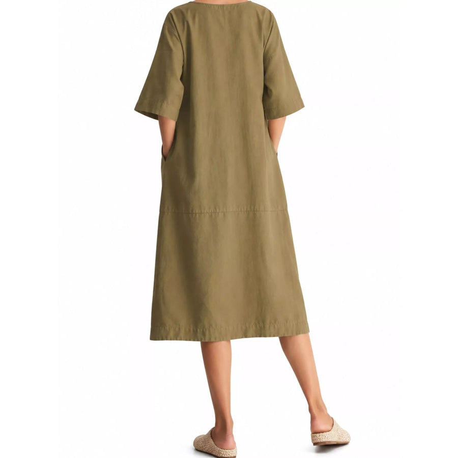 Full Size Casual Loose Fit Linen Blend Midi Dress with Pockets Plus Apparel and Accessories