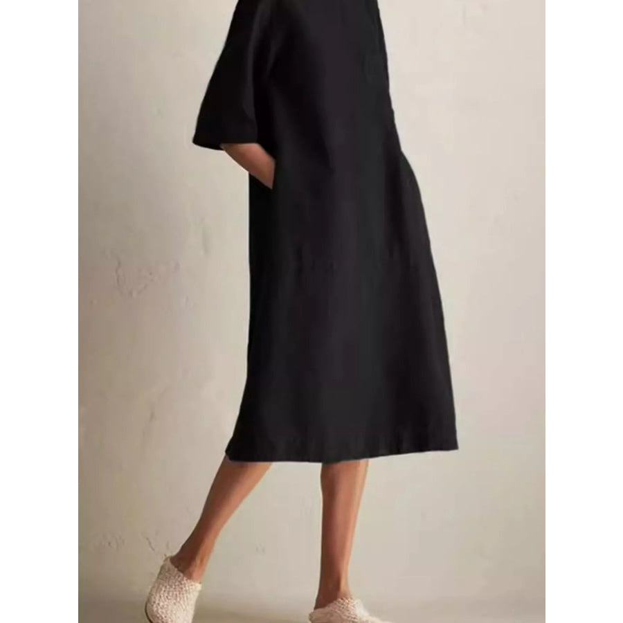 Full Size Casual Loose Fit Linen Blend Midi Dress with Pockets Plus Black / S Apparel and Accessories