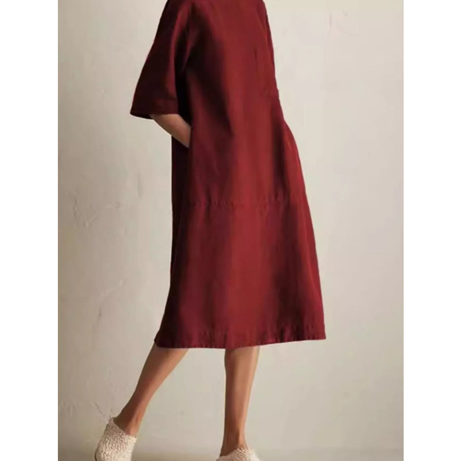 Full Size Casual Loose Fit Linen Blend Midi Dress with Pockets Plus Burgundy / S Apparel and Accessories