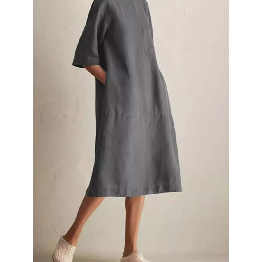 Full Size Casual Loose Fit Linen Blend Midi Dress with Pockets Plus Grey / S Apparel and Accessories
