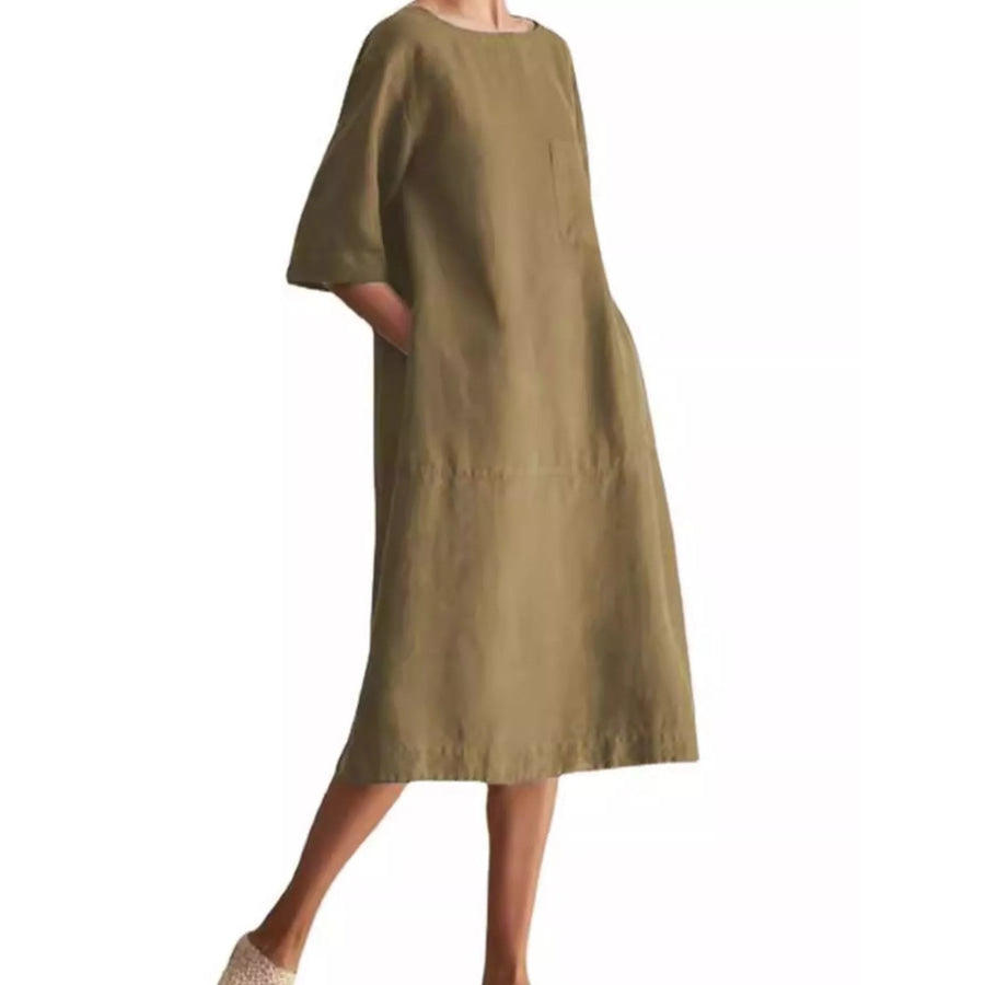 Full Size Casual Loose Fit Linen Blend Midi Dress with Pockets Plus Khaki / S Apparel and Accessories