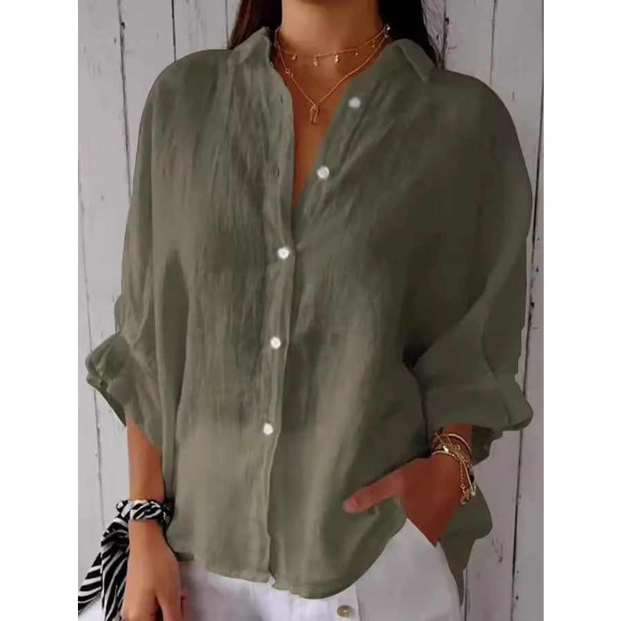 Full Size Casual Loose Fit Tie Back Shirt Plus Army Green / S Apparel and Accessories