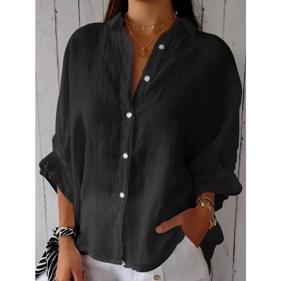 Full Size Casual Loose Fit Tie Back Shirt Plus Black / 2XL Apparel and Accessories