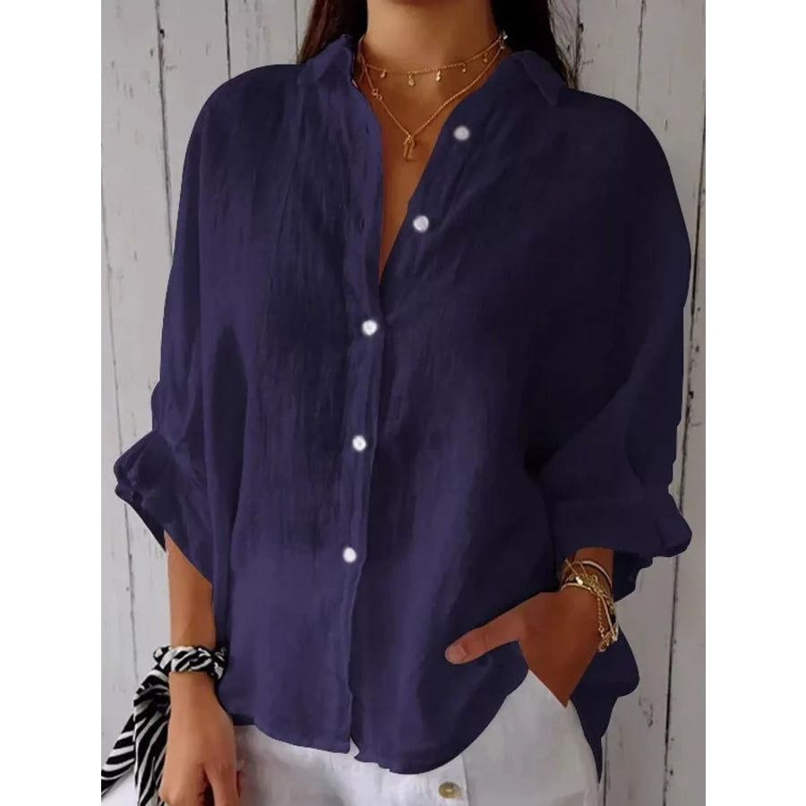 Full Size Casual Loose Fit Tie Back Shirt Plus Dark Blue / S Apparel and Accessories