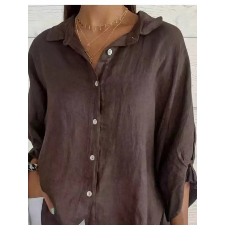 Full Size Casual Loose Fit Tie Back Shirt Plus Dark Brown / S Apparel and Accessories