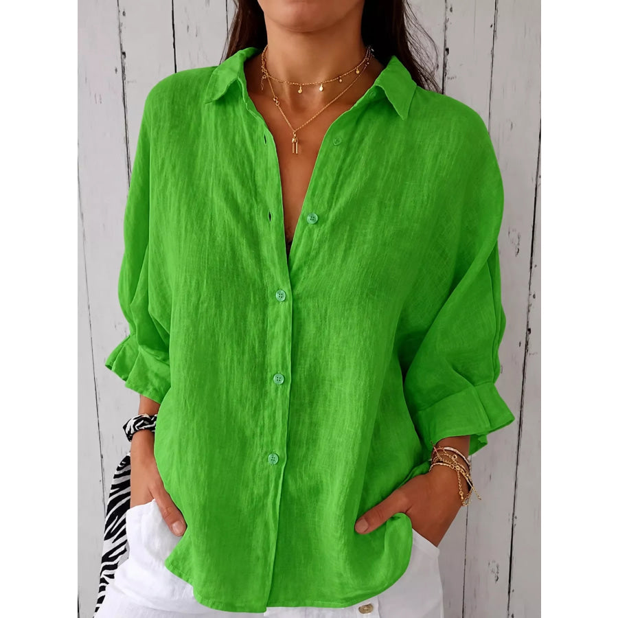 Full Size Casual Loose Fit Tie Back Shirt Plus Green / S Apparel and Accessories