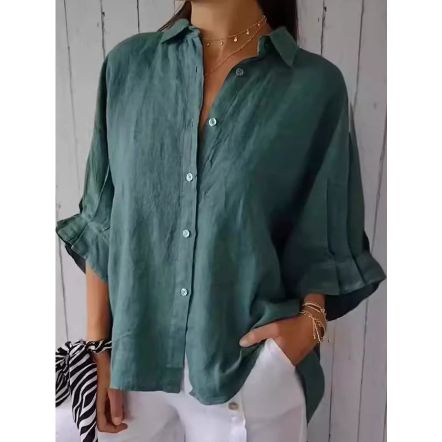 Full Size Casual Loose Fit Tie Back Shirt Plus Peacock Green / 2XL Apparel and Accessories