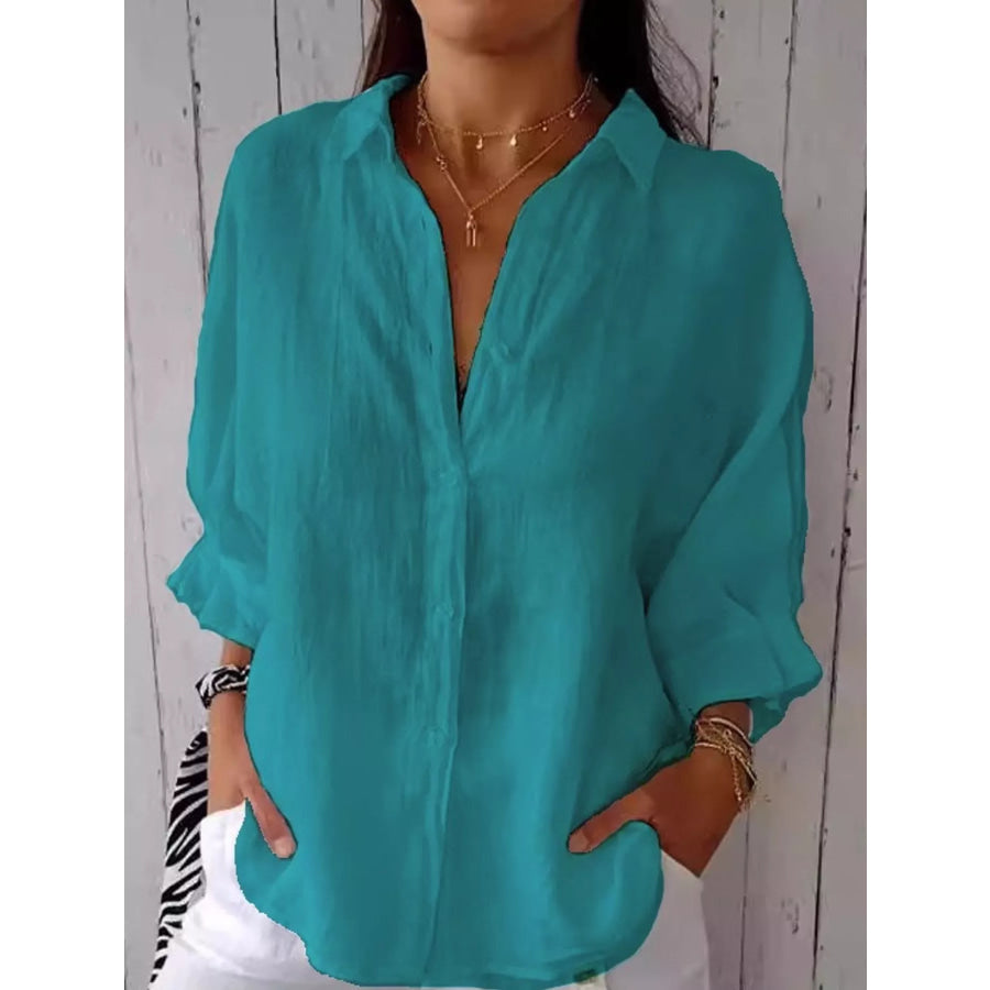 Full Size Casual Loose Fit Tie Back Shirt Plus Sea Blue / S Apparel and Accessories