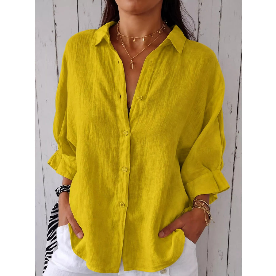 Full Size Casual Loose Fit Tie Back Shirt Plus Yellow / 3XL Apparel and Accessories