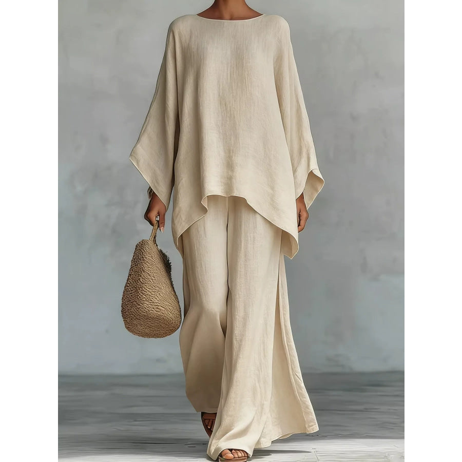 Full Size Casual Loose Fit Top and Pants Set Two-Piece Plus Khaki Color / S Apparel Accessories