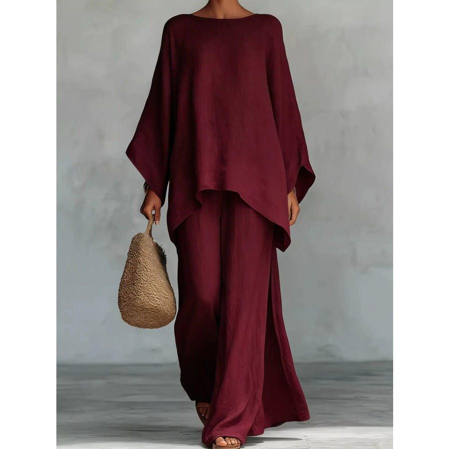 Full Size Casual Loose Fit Top and Pants Set Two-Piece Plus Wine Red / S Apparel Accessories