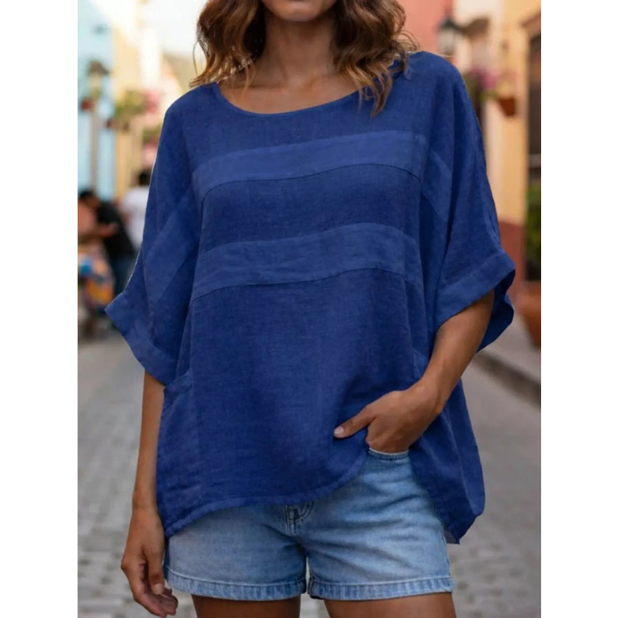 Full Size Casual Loose Round Neck Blouse Plus Size Navy Blue / S Apparel and Accessories