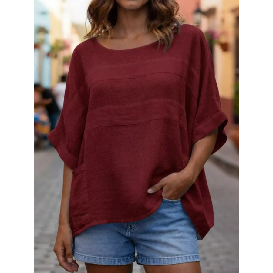 Full Size Casual Loose Round Neck Blouse Plus Size Wine Red / S Apparel and Accessories