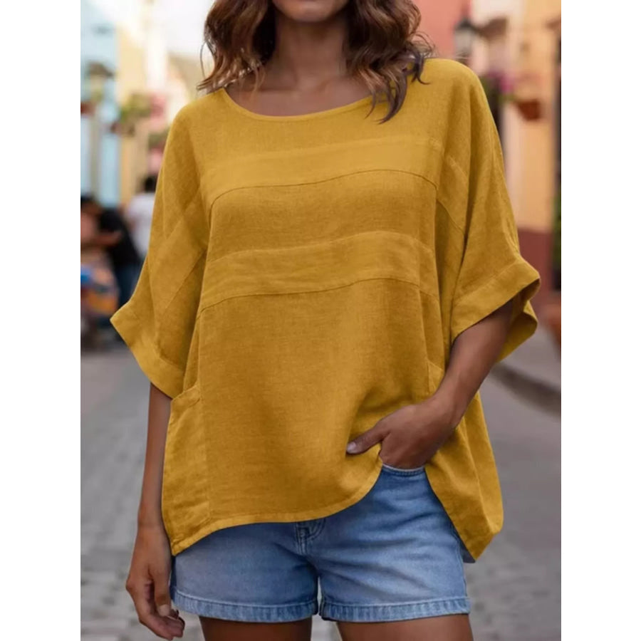 Full Size Casual Loose Round Neck Blouse Plus Size Yellow / S Apparel and Accessories