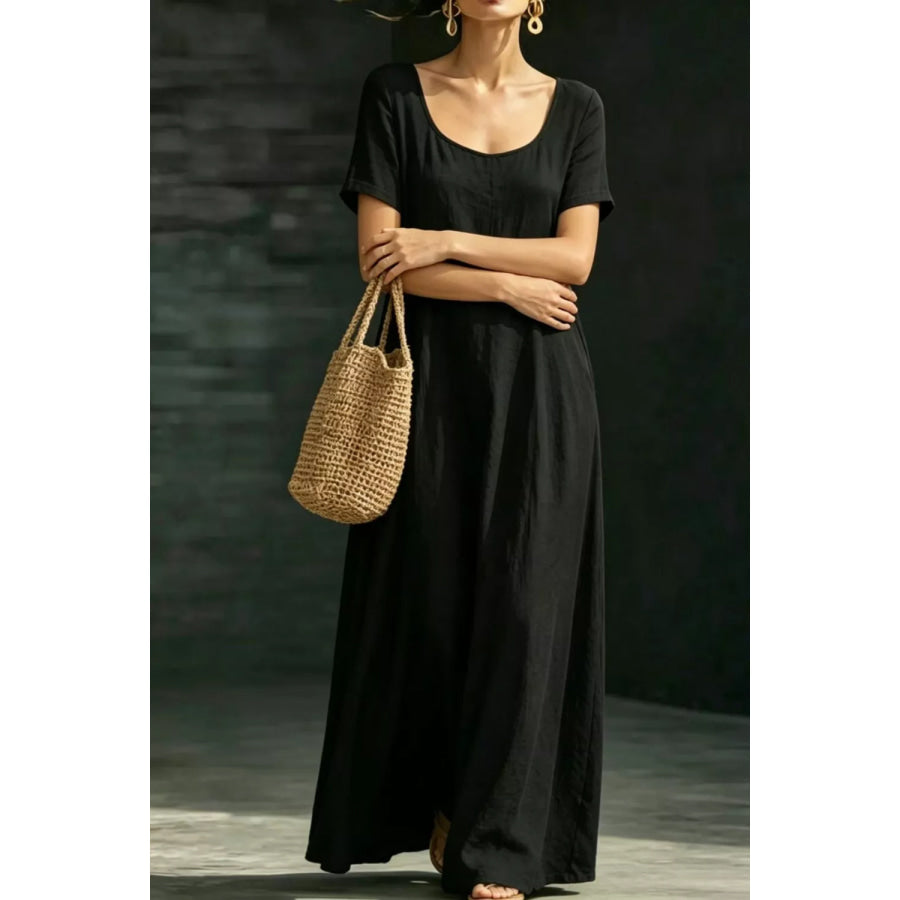 Full Size Casual Loose Short Sleeve Maxi Dress Plus Size Black / S Apparel and Accessories