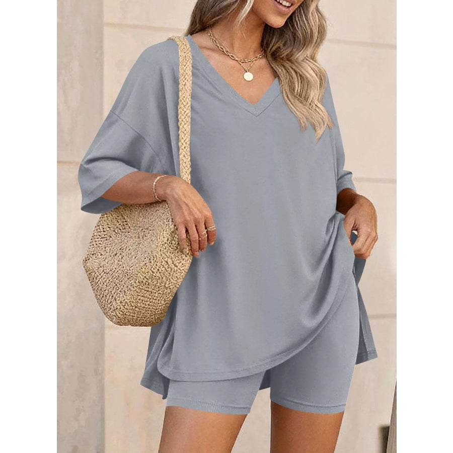 Full Size Casual Loose V-Neck T-Shirt & Shorts Set Plus Size Apparel and Accessories