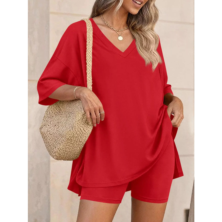 Full Size Casual Loose V-Neck T-Shirt & Shorts Set Plus Size Apparel and Accessories