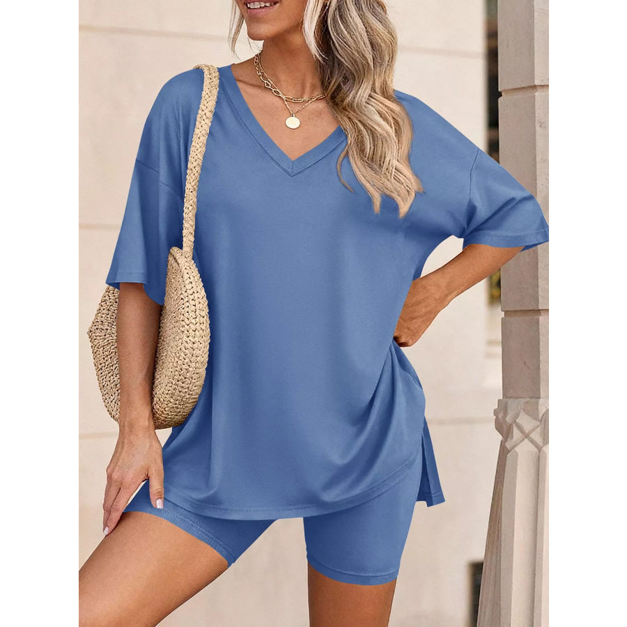 Full Size Casual Loose V-Neck T-Shirt & Shorts Set Plus Size Apparel and Accessories
