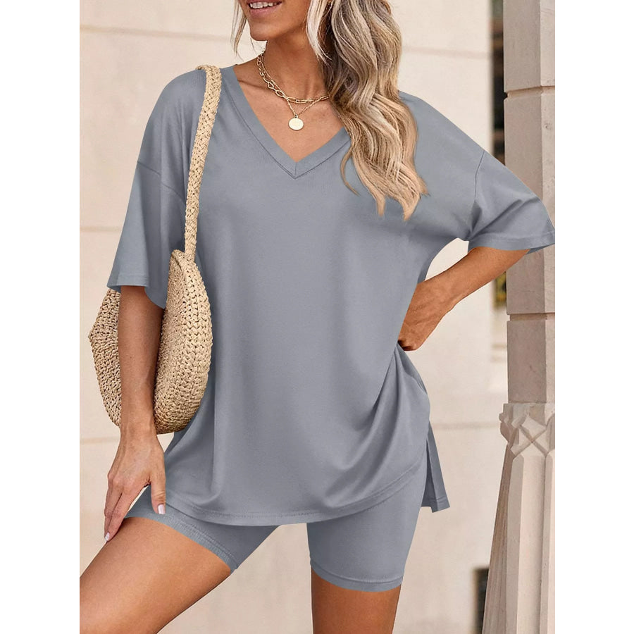 Full Size Casual Loose V-Neck T-Shirt & Shorts Set Plus Size Apparel and Accessories